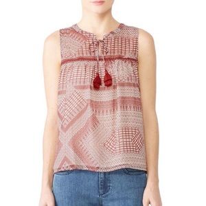 Rebecca Minkoff Vicky Aztec Printed Tassel Tie Flowy Sleeveless Chiffon Blouse S